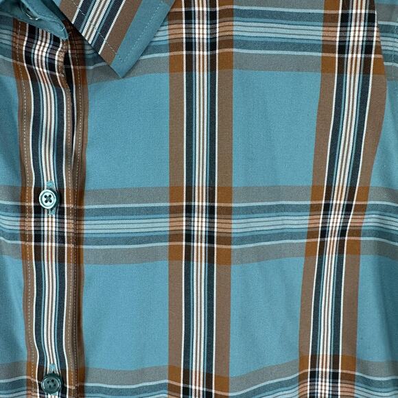 Coldwater Creek teal brown plaid button shirt women’s size 14 long sleeve work - Picture 4 of 5